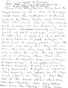 Handwritten draft of speech “Who speaks for the Negro?”