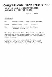 Memo from Parren Mitchell to CBC members regarding meeting with Rev. Buthelezi