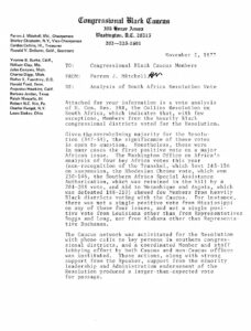 Letter from Rep. Parren Mitchell (D-MD) to CBC regarding the South Africa resolution vote