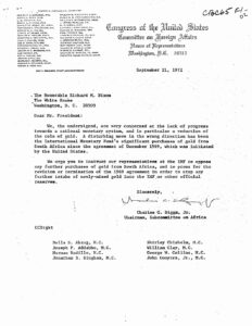 Letter from Rep. Charles Diggs (D-NY) to President Richard Nixon regarding South African gold