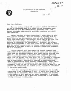 Letter from George Shultz, Secretary of the Treasury, to Charles Diggs regarding gold, South Africa and the IMF