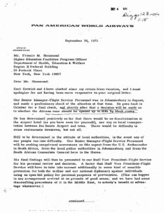 Letter from John Barnes, of Pan American Airways, to Francis Hammond regarding allowing Black flight crews to work flights to South Africa