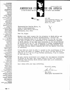 Letter from American Committee on Africa to Charles Diggs regarding the anniversary of Sharpeville Massacre