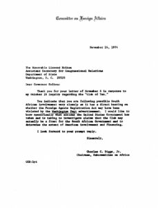 Letter from Charles Diggs to Linwood Holton, the Asst. Secretary for Congressional Relations at the State Dept.
