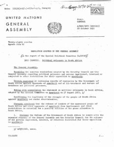 Resolution adopted by the General Assembly (United Nations); Political prisoners in South Africa (A/Res/3055)