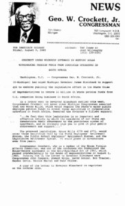 Crockett urges Michigan Governor (Blanchard) to support bills withdrawing pension funds from companies operating in South Africa