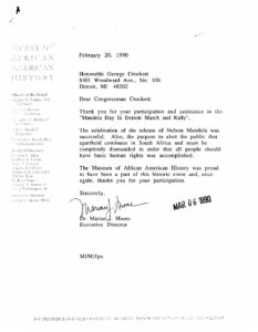 Letter from Dr. Martin Moore, Executive Director of the Museum of African American History, to George Crockett regarding Mandela Day