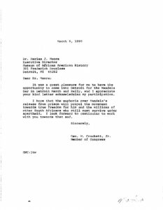 Letter from George Crockett to Dr. Martin Moore, Executive Director of the Museum of African American History, regarding Mandela Day