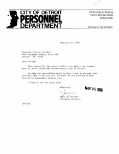 Letter from Joyce Garrett, Personnel Director of Detroit, to George Crockett thanking him for his participation in Detroit’s Nelson Mandela Day