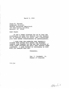 Letter from George Crockett to Joyce Garrett, Personnel Director of Detroit, in response to her letter of February 19, 1990