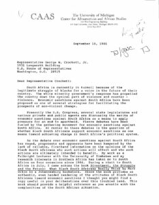 Letter from Walter Allen, professor at the University of Michigan, to George Crockett regarding Black South Africans view of divestment