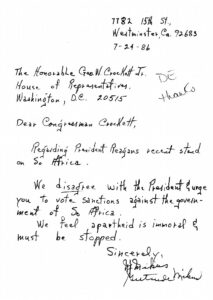 Letter from M. Mikus to George Crockett regarding H. Res. 373 and negotiations in South Africa