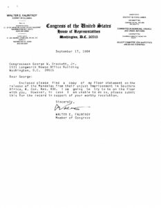 Letter from Walter Fauntroy to George Crockett regarding Nelson Mandela