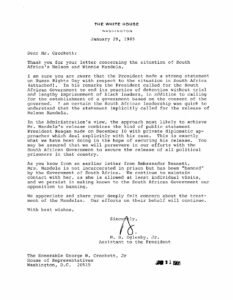 Letter from the White House to George Crockett regarding Nelson and Winnie Mandela