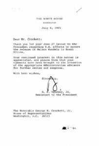 Letter from the White House to George Crockett regarding letter of June 27, 1985