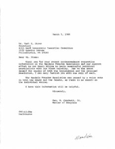 Letter from George Crockett to Mark Stone, Secretary of the 49th Ward Democratic Executive Committee regarding the Mandela Freedom Resolution