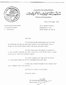 Letter from African American Jurists Association to George Crockett regarding the Nelson Mandela award