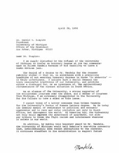 Letter from George Crockett to Harold Shapiro, President of the University of Michigan, regarding Nelson Mandela