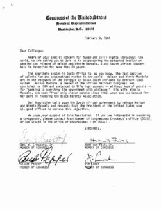 Letter from George Crockett to colleagues regarding Nelson Mandela
