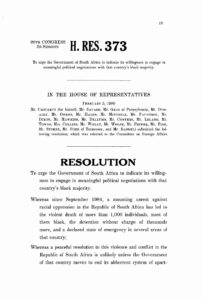 H. Res. 373, a bill to urge the government of South Africa to indicate its willingness to engage in meaningful political negotiations with that country’s black majority