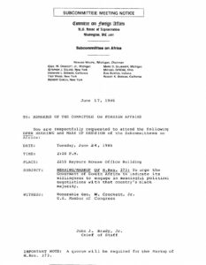 Announcement of mark up session for H. Res. 373 from the House Subcommittee on Africa