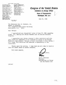 Letter from Lee Hamilton, Chairman of the Subcommittee on Europe and the Middle East, to George Crockett regarding H. Res. 373 co-sponsorship