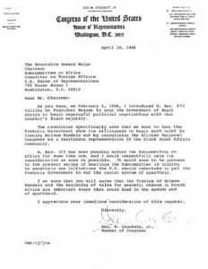 Letter from George Crockett to Howard Wolpe, Chairman of the Subcommittee on Africa, regarding H. Res. 373