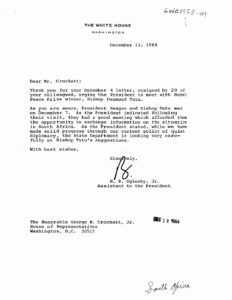 Letter from M. B. Oglesby, Assistant to the President, to George Crockett regarding meeting with Bishop Tutu