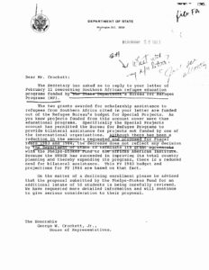 Letter from Powell A. Moore, Asst. Secretary for Congressional Relations at the State Dept, to George Crockett regarding Southern African refugee education programs.