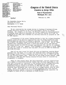 Letter from the several CBC members to George Shultz regarding Southern African refugee education programs