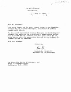 Letter from Kenneth Duberstein, Assistant to the President, to George Crockett