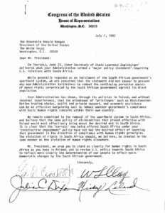 Letter from George Crockett, Julian Dixon, Mickey Leland and William Clay (?) to President Ronald Reagan