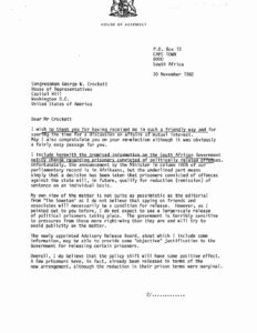 Letter from Tian van der Merwe to George Crockett