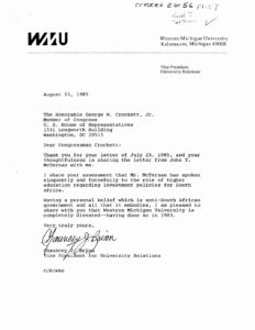 Letter from Chauncey Brinn, Vice President for University Relations at Western Michigan University, to George Crockett regarding South Africa