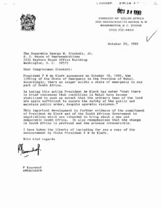 Letter from P. Koornhof, Ambassador at the Embassy of South Africa, to George Crockett regarding the State of Emergency in South Africa