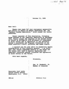 Letter from George Crockett to Carl Levin, U. S. Senator, regarding Nelson Mandela