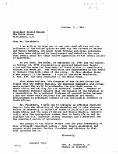 Letter from George Crockett to President Ronald Reagan regarding Nelson Mandela