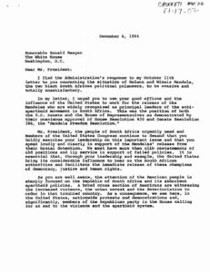 Letter from George Crockett to President Ronald Reagan regarding Nelson Mandela