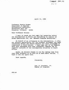 Letter from George Crockett to Dennis Brutus, Professor of English at Northwestern University, regarding Nelson Mandela