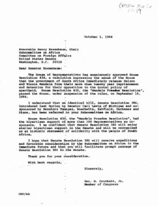 Letter from George Crockett to Nancy Kassebaum, U. S. Senator on the Committee on Foreign Affairs