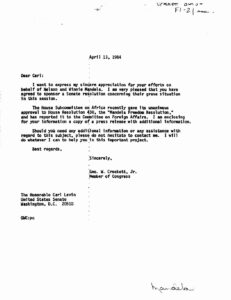 Letter from George Crockett to Carl Levin, U. S. Senator, regarding Nelson Mandela