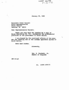 Letter from George Crockett to Ethel Terrell, Michigan State Representative, regarding H. Res. 802 (Michigan) with a copy of H. Res. 802 (Michigan)