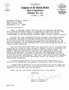 Letter from George Crockett to George Shultz of the State Department regarding South African political prisoners