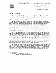 Letter from William Ball, Asst. Secretary of Legislative and Intergovernmental Affairs at the State Dept., to George Crockett regarding his letter to Shultz on October 1, 1984