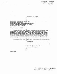 Letter from George Crockett to William Ball, Asst. Secretary of Legislative and Intergovernmental Affairs at the State Dept., regarding release of four members of the End of Conscription Movement in South Africa