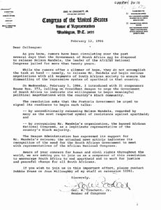 Letter from George Crockett to colleagues regarding Mandela’s possible release and New York Times article