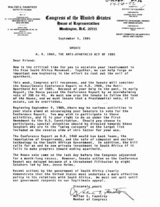 Letter from Walter Fauntroy to George Crockett regarding H.R. 1460, the Anti Apartheid Act of 1985