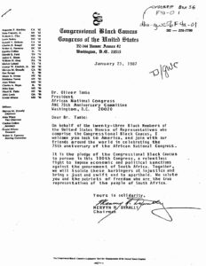 Letter from Mervyn Dymally to Oliver Tambo, President of the African National Congress, regarding celebration of the 75th anniversary of the African National Congress