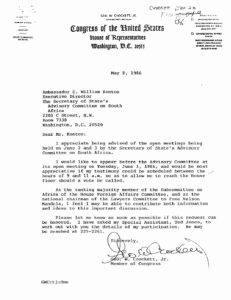 Letter from George Crockett to William Kontos, Executive Director of the Secretary of State’s Advisory Committee on South Africa