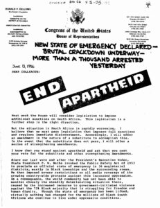 Letter from Ron Dellums to Colleagues on Apartheid